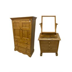 Solid pine tallboy cabinet, small four drawer chest, and a dressing table mirror (3)