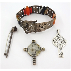 Victorian Scottish hardstone and silver bracelet, unmarked, Ortak silver plaid pin by Malcolm Gray hallmarked, Celtic cross pendant stamped 925