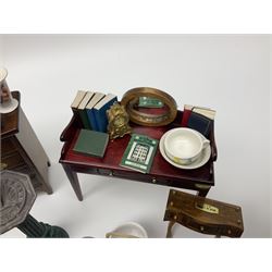 Collection of miniature dolls house furniture and accessories, to include long case clock, chest of drawers, tiled wash stand, ceramics and glass ware, mirror, baskets, etc 