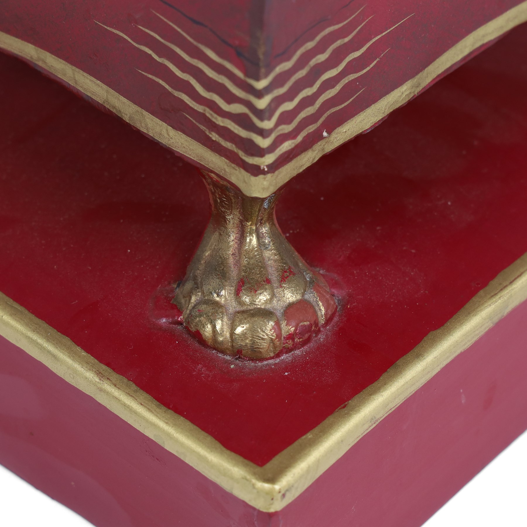 19th century toleware vase, painted foliage and corn upon a red ground, on four paw feet and a square plinth base, H36cm