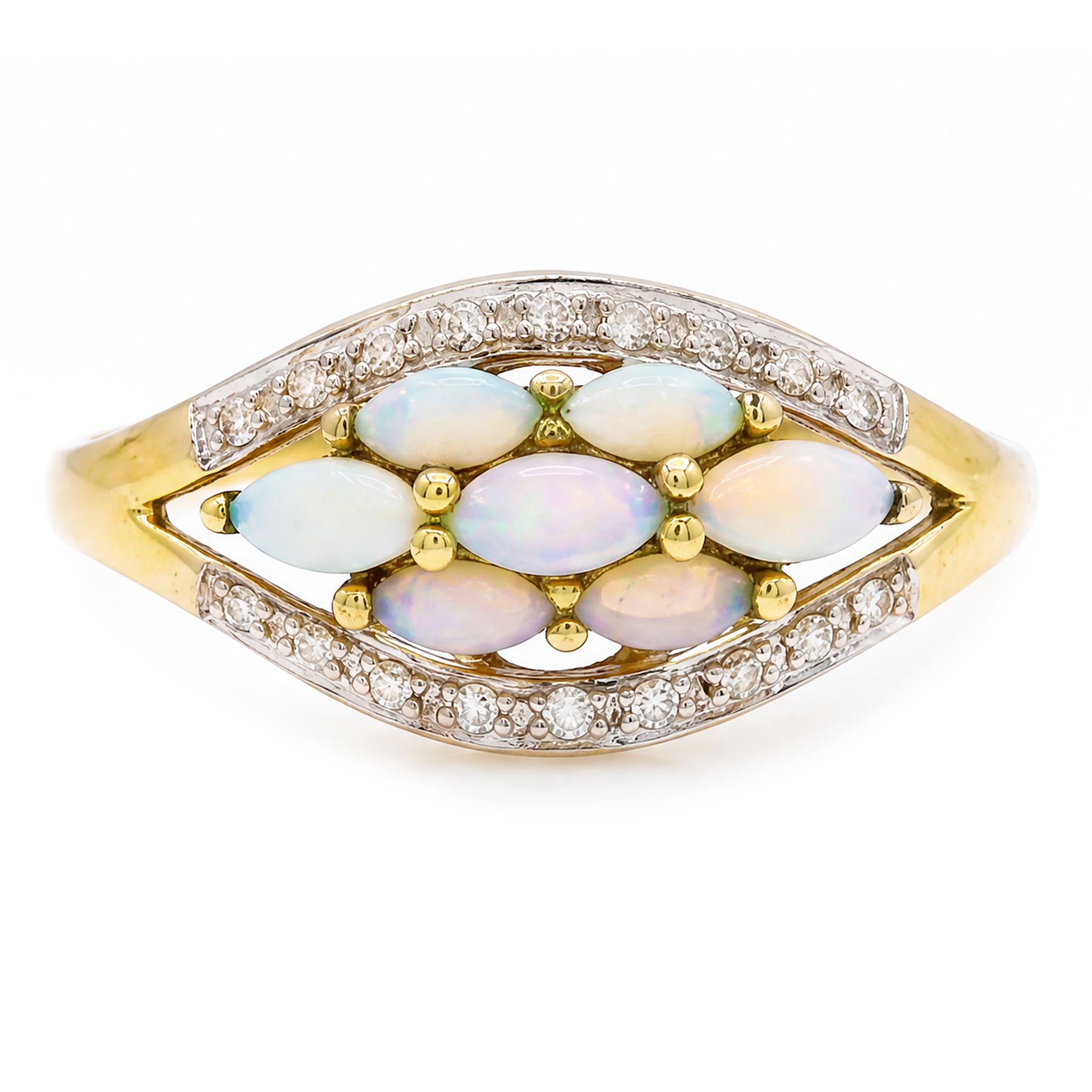 9ct gold opal and diamond cluster ring, seven marquise cut opals, surrounded by diamond chips, in a pierced design setting, Birmingham 2004