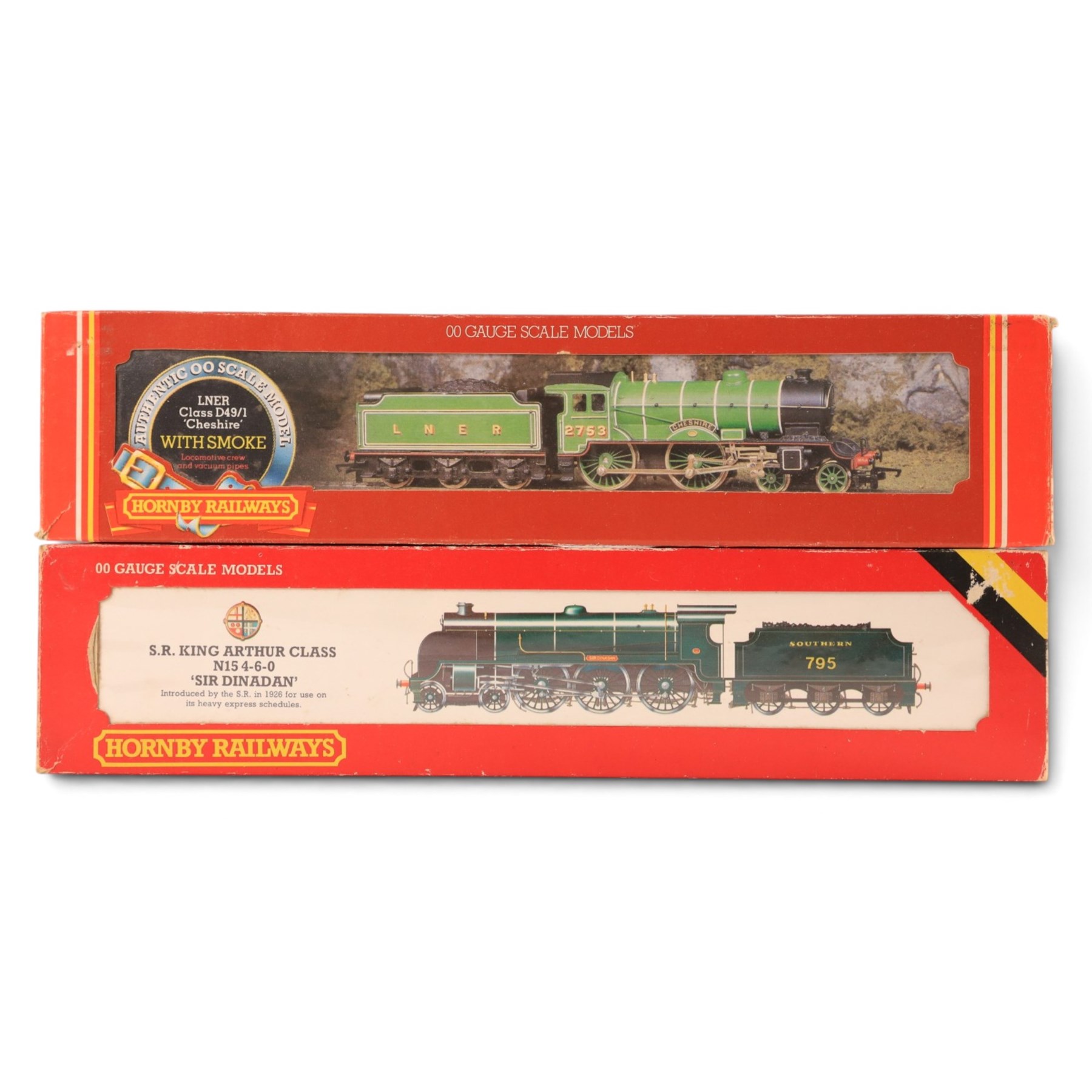 Five Hornby 00 gauge locomotives, comprising R154 SR King Arthur Cass N15 4-6-0 'Sir Dinadan', R060 BR Class B17 4-6-0 'Leeds United', R372 Class A4 'Seagull', R259 Class D41/1 'Yorkshire' and R378 LNER Class D49/1 'Cheshire', all boxed