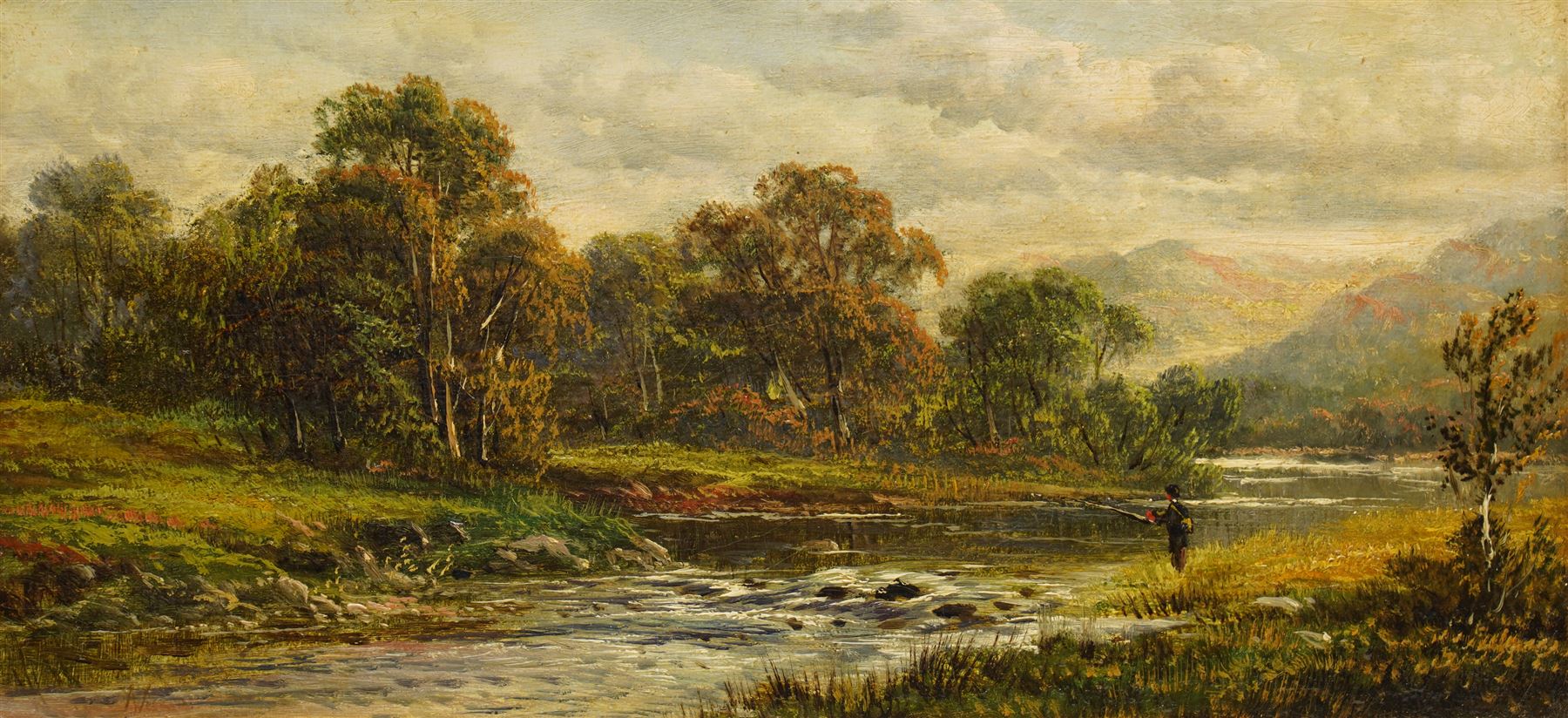 Alfred Vickers Snr (British 1786-1869): Angler Fishing in a Mountainous River Landscape, oil on canvas signed 19cm x 39cm