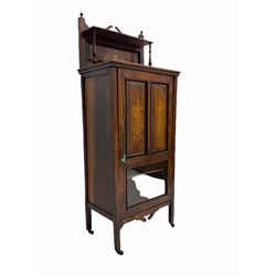 Edwardian rosewood music side cabinet, inlaid detail, raised back with small shelf, above single panelled door