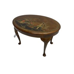Early 20th century walnut Chinoiserie occasional table with Chinoiserie decoration, the oval top decorated with raised gilt decoration depicting figure in landscape with pagoda, on cabriole supports