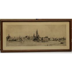 Douglas Ian Smart (British 1879-1970): 'Limoges', drypoint etching signed in pencil, titled verso on gallery label; Romain Malfliet (Belgian 1910-2006): Busy Continental River, etching signed titled and numbered 43/100 in pencil; and a further Scottish coastal etching signed Walter Towers, max 24cm x 68cm (3)