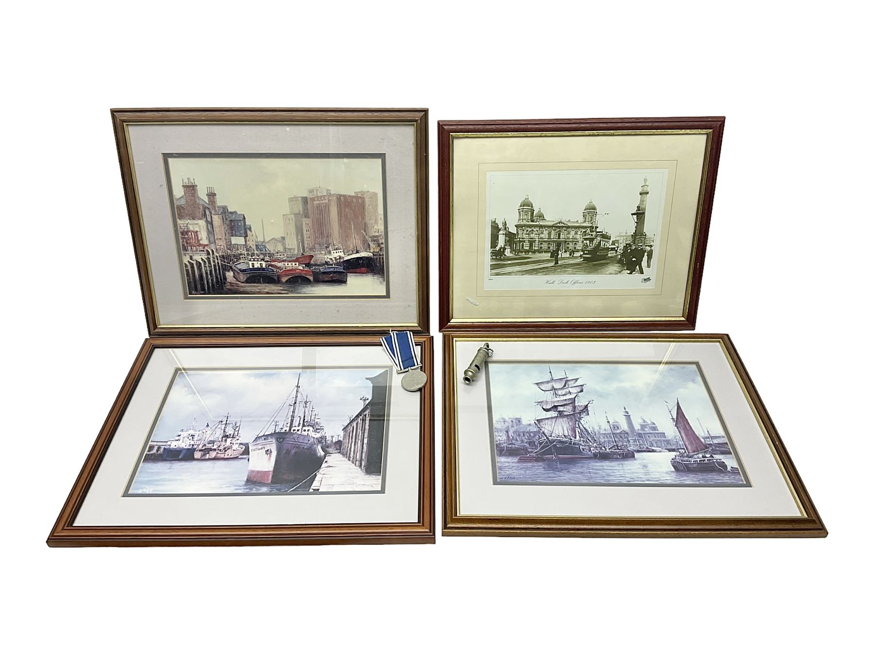 Hull police whistle, medal 'For Exemplary Police Service', three Jack Rigg prints, and a black and white photograph of Hull Dock Offices, 1903