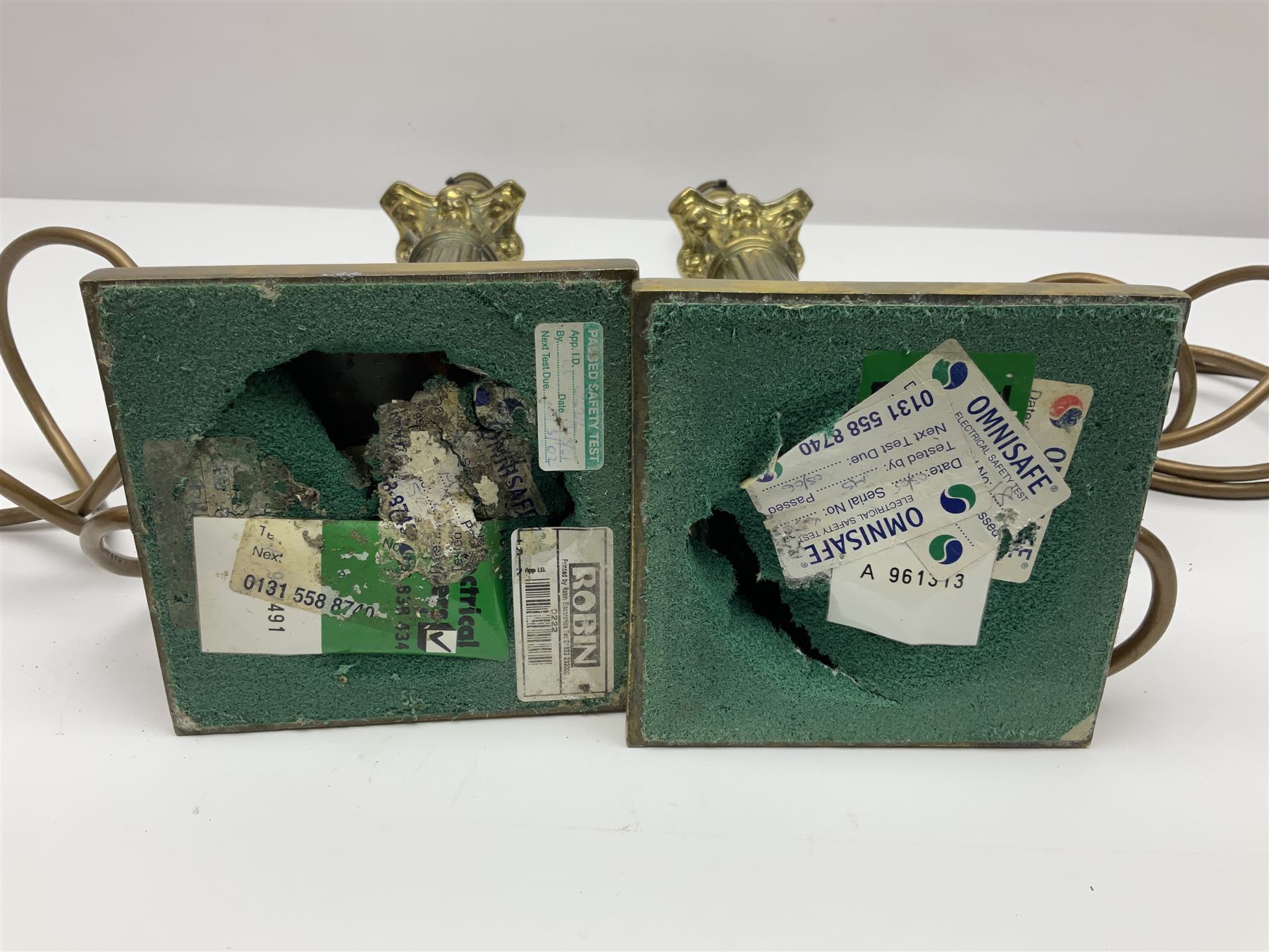 Pair of brass table lamps in the form of fluted Corinthian columns, H46cm