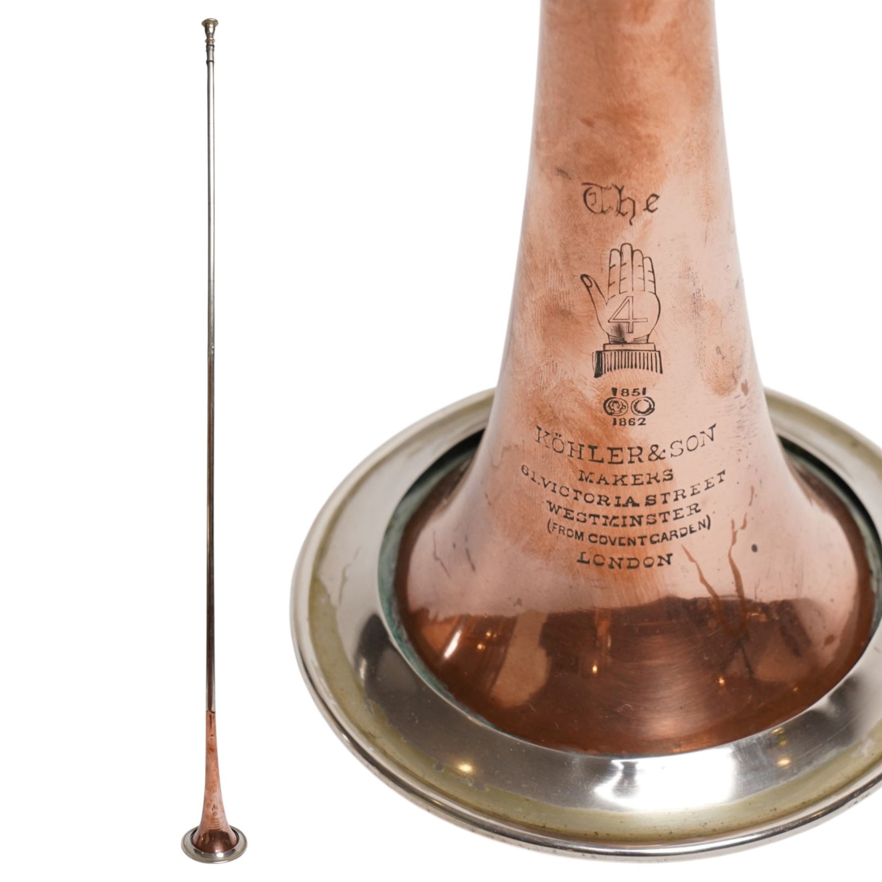 Kohler & Son (61 Victoria Street London) - Victorian silver plated and copper coaching horn of long tapering form with flared bell, stamped to the bell with makers mark and a '4' within a hand motif, L132cm