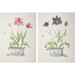 Graham Rust (British 1942-): Still Life of Red and Black Parrot Tulips in Chinese Planters...