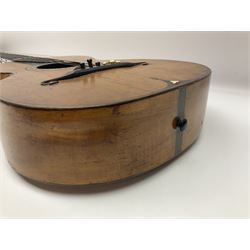 19th century Continental parlour guitar for restoration or display, with maple back and sides,  spruce top, scalloped neck and bone pegs; bears inset plaque to head 'Lapaix Paris 1830' and 'John Eastwood Teacher of the Guitar' paper label with manuscript note 'Fine Old Guitar Restored 1888 by JCB Leeds' L92cm