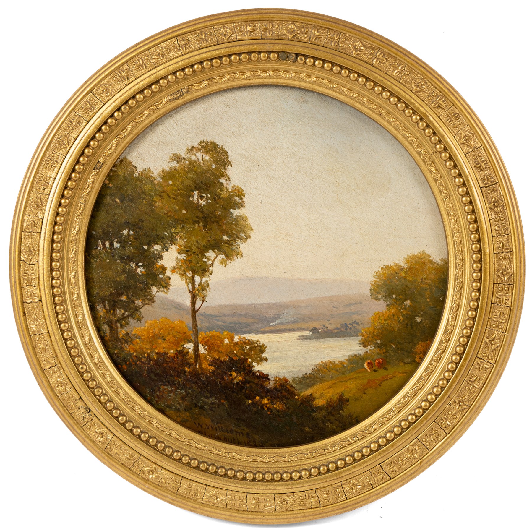 William Williams of Plymouth (British 1808-1895): Estuary Scenes, pair circular oils on oak panels signed and dated 1888, D18cm (2)