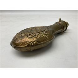 Copper and brass powder flask by G. & J.W. Hawksley Sheffield with embossed panel of 'Pharaohs Horses' to one side H21cm