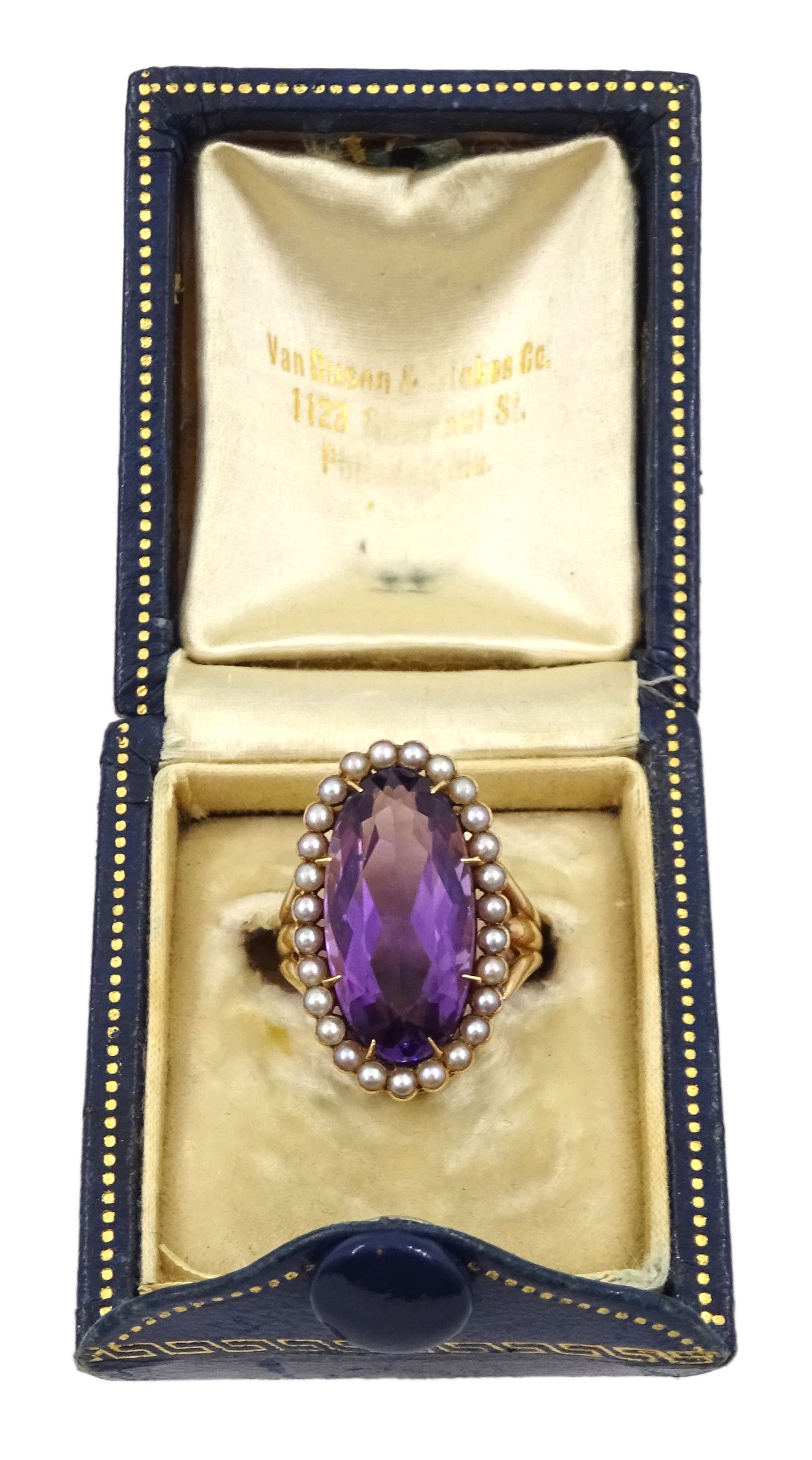 Victorian 9ct gold oval amethyst and seed pearl cluster ring, boxed