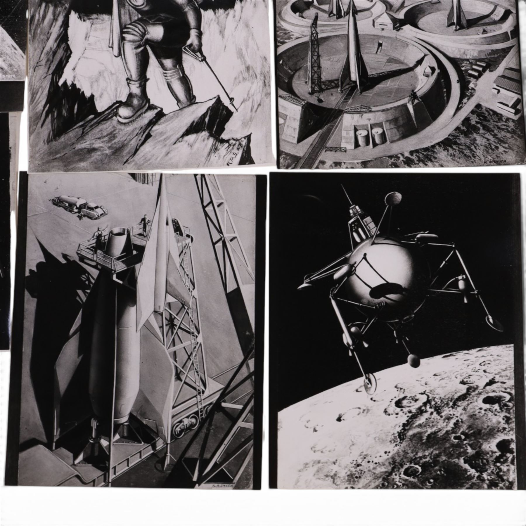 Fourteen black and white photographs of artwork by Ralph Andrew Smith, including images used in 'The Exploration of Space', a sketch of auto probe rocket for planetary survey and Inside Lunar City, etc, two with annotations written by Arthur C Clarke verso, H20, W25cm

Notes: This item is from the private collection of Arthur C. Clarke's brother.