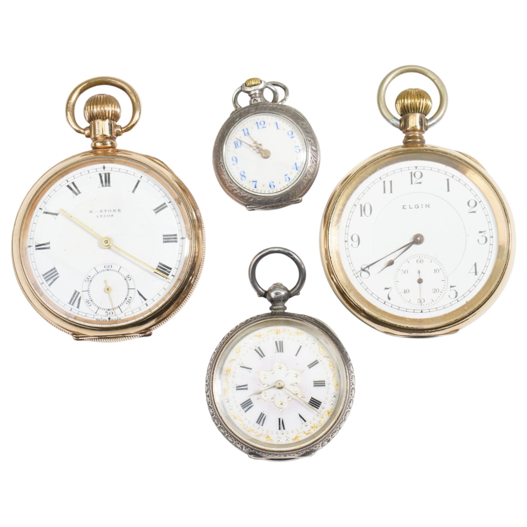 Two early 20th century gold-plated lever pocket watches including H. Stone, Leeds and Elgin and two silver fob watches