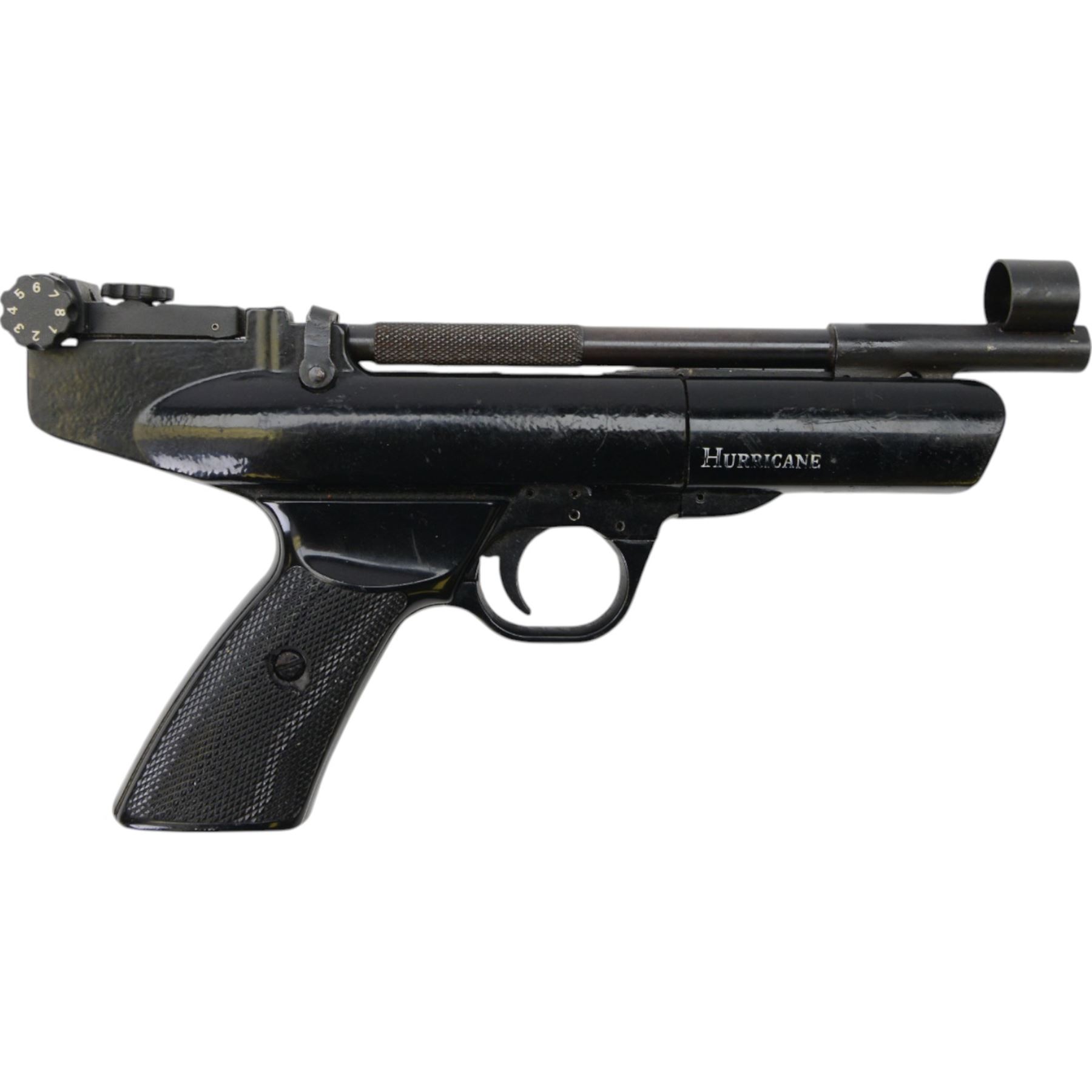Webley Hurricane .177 air pistol, the chamber marked 'Hurricane' and 'Webley & Scott Ltd. Birmingham England' beneath, with front hooded sight and black checkered grip, H14cm, L28cm
