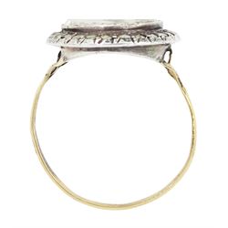 19th century French 18ct gold and silver marcasite portrait ring, set with an oval miniature of a woman on ivory, under glazed panel, with marcasite surround and trifurcated shoulders, hallmarked. This lot has been registered for sale under Section 10 of the APHA Ivory Act