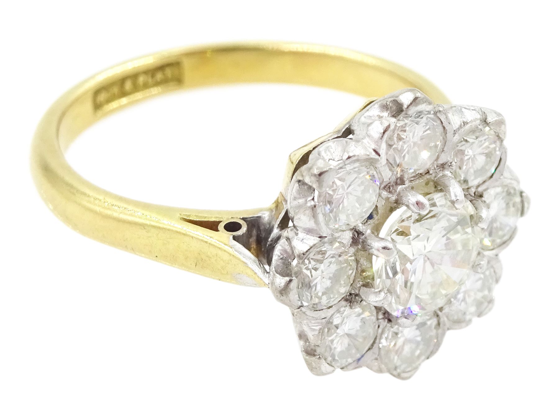 Gold nine stone transitional cut diamond daisy flower head cluster ring, stamped 18ct & Plat, principal diamond approx 0.70 carat, total diamond weight approx 1.90 carat