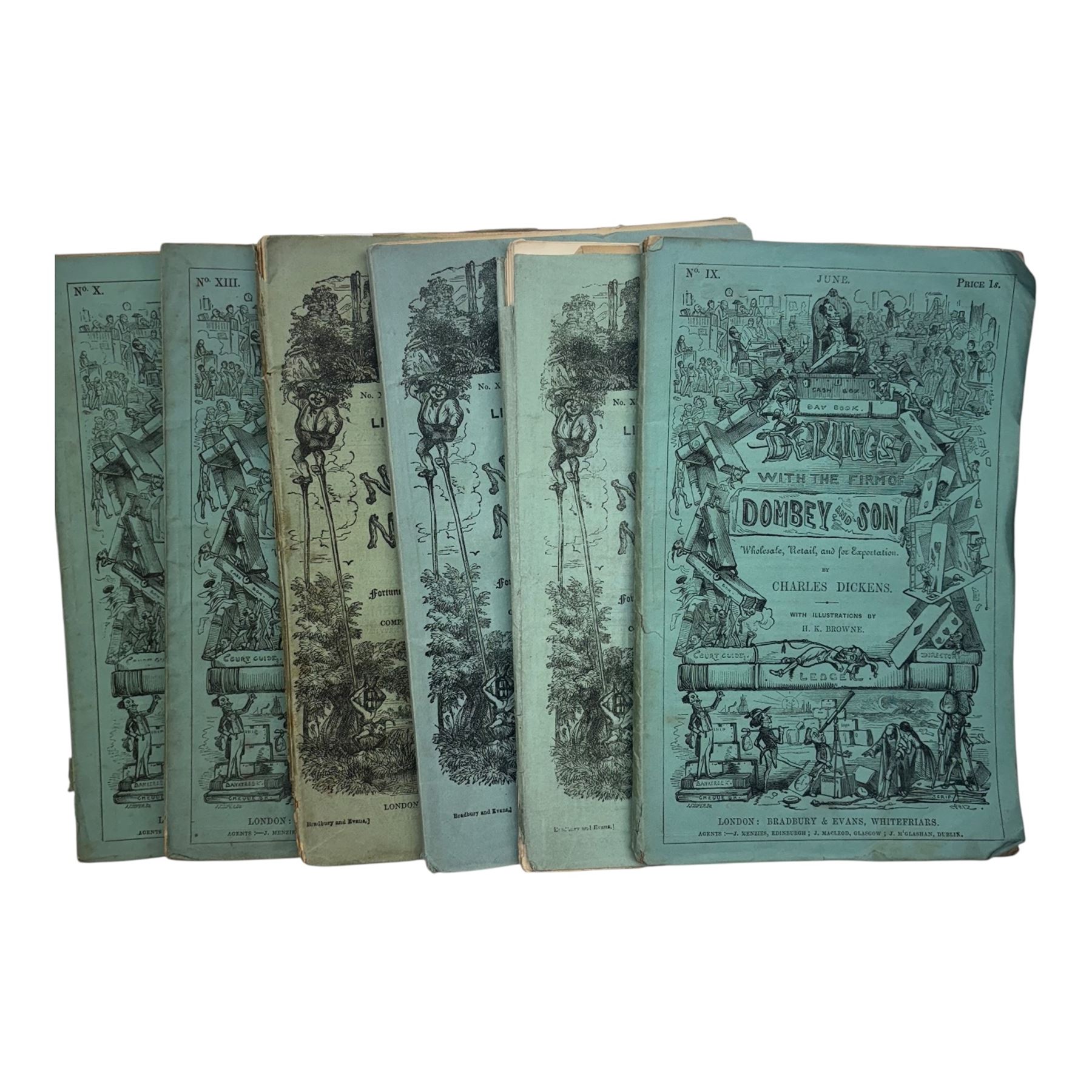 Dickens Charles periodicals; The Life and Adventures of Nicholas Nickleby, three volumes and  Dombey and Son, three volumes 