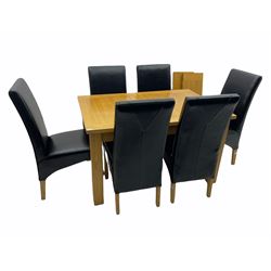 Light oak extending dining table (H76cm, 90cm x 132cm - 192cm (fully extended)), and set six high back dining chairs 