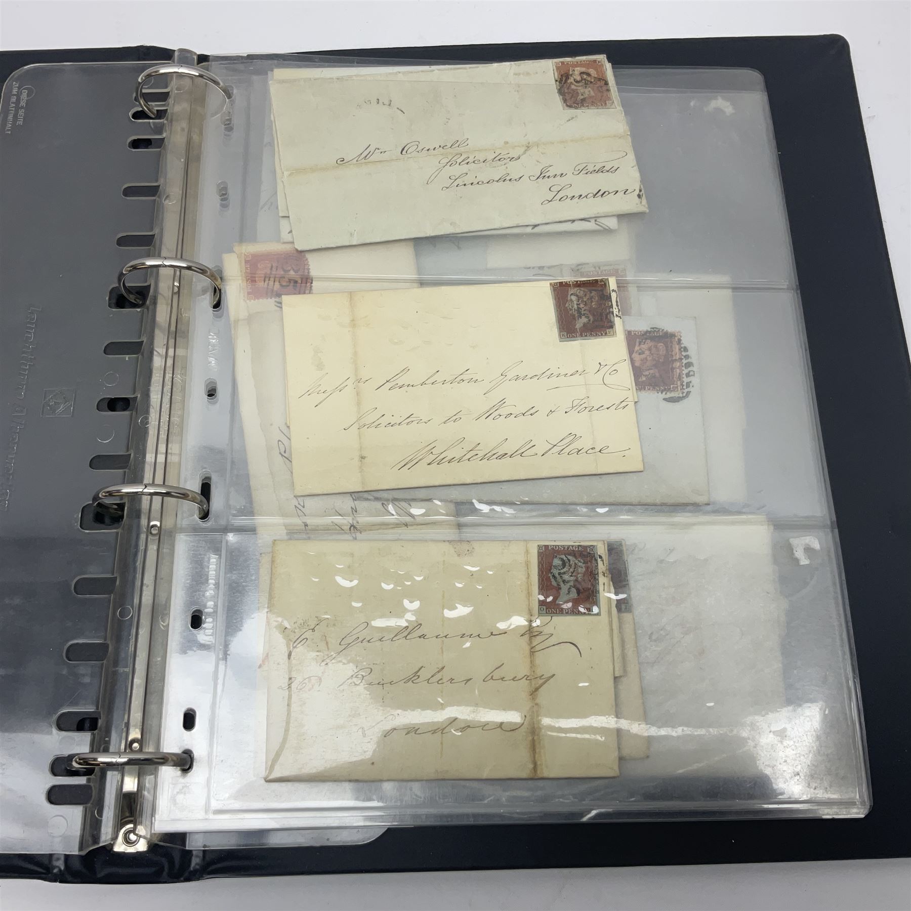 Postal history, including pre-stamp, Queen Victoria imperf penny reds on covers or entires a few with black MX cancels, 1841 two pence blue with white lines added on mourning cover, perf penny red on cover etc, housed in a ring binder folder