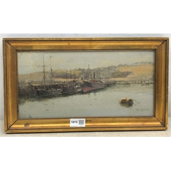 William Ayerst Ingram (British 1855-1913): Boats by the Quayside, oil on canvas signed 17cm x 34cm