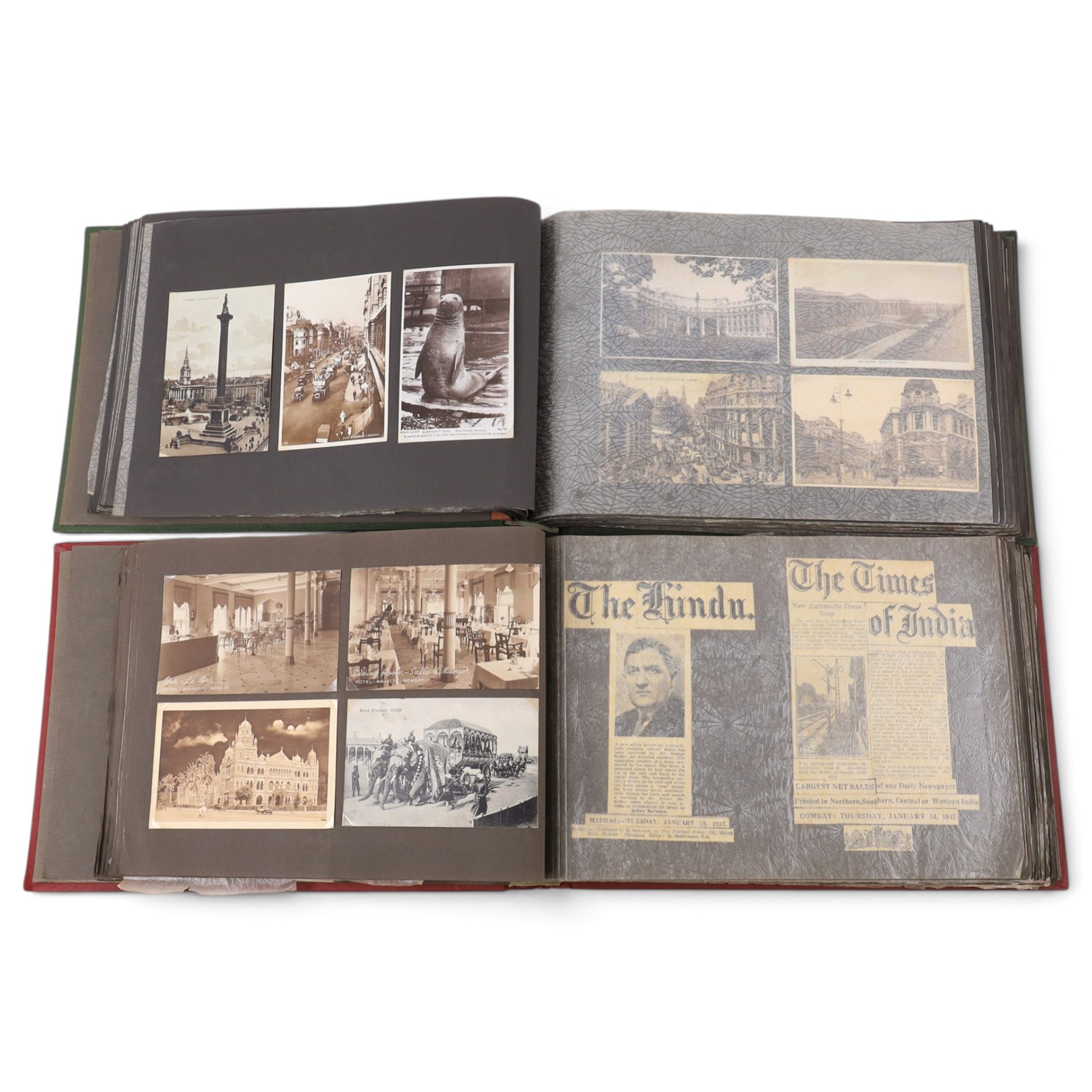 Two early to mid 20th century postcard albums, containing black and white and colour postcards, the first labelled Meine Reisen in Indien containing postcards of Arabia, India, Egypt, some personal photographs and newspaper clippings, of postcards, the second labelled Meine Reisen in England, containing mostly postcards of London, some greetings cards etc
