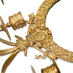 Pair of gilt metal three branch girandole, each surmounted by a coronet, H37cm (2)