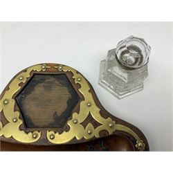 Victorian walnut and fretworked brass trefoil shaped ink stand with inset clear glass hexagonal ink well L33cm