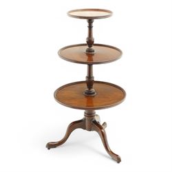 George III mahogany dumb waiter, three graduating circular tiers with moulded edges, turned column supports on tripod base, on castors 