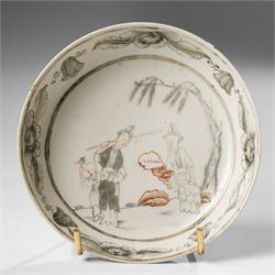 Chinese Yongzheng period coffee cups and saucer, painted in grisaille with figures in traditional landscapes and heightened in gilt (3)