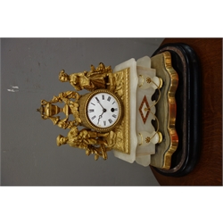  Early 20th century gilt metal and onyx figural mantel clock, circular white enamel Roman dial, under glass dome on ebonised plinth, W40cm  