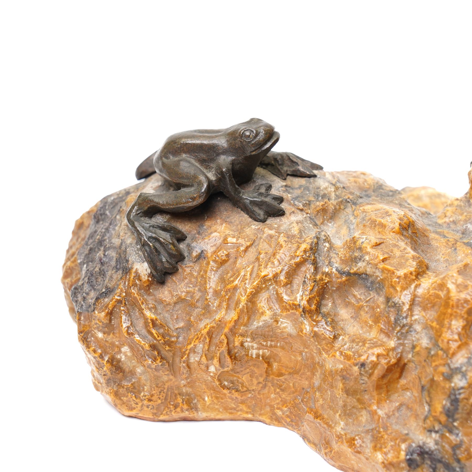 Attributed to Charlotte Monginot (French 1872-1934) - Bronze and marble figure of a child sitting on a rock ,a frog at her feet, signed H26cm x L19cm