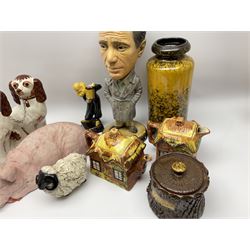 Continental style bisque figure, West German cylindrical vase, studio pottery tobacco jar, Humphrey Bogart plaster figure and other ceramics etc 