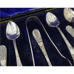  Set of six silver cocktail sticks with cockril terminals by Barker Brothers Silver Ltd Birmingham 1928, a set of six teaspoons with moat spoon and sugar nips Chester 1902, a set of six apostle teaspoons with sugar nips and a set of six teaspoons with seal tops all cased approx 8oz (4)  