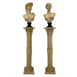 Pair Classical style composite busts depicting David and Venere di Milo, each sat upon Corinthian columns decorated with scrolled foliate and hunting scenes  