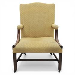 20th century Gainsborough style open armchair, upholstered in patterned fabric, the chair with shaped padded back and scroll arms on moulded frame