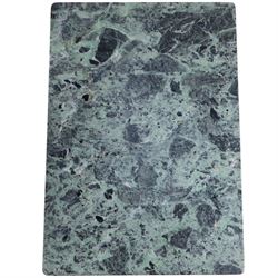 Small green marble topped occasional table, the rectangular top with dark veining raised on slender black painted metal legs, H 29cm, W 50cm