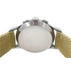 Sekonda Strela gentleman's stainless steel and chrome plated manual wind chronograph wristwatch, Cal. 3017, black dial with baton hour markers, subsidiary dials at 3 and 9 for seconds and 45 minute recording, tachymeter and telemeter scales, on fabric strap