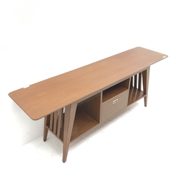 Mid century teak console unit, single drawer, square tapering supports joined by undertier, W183cm, H68cm, D46cm