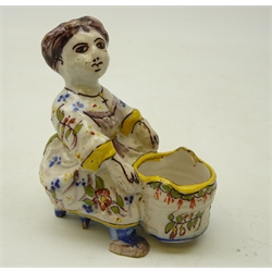  18th/ early 19th century Delft polychrome salt in the form of a seated woman and a early 20th century Delft polychrome armorial tulip vase, H26cm (2)  