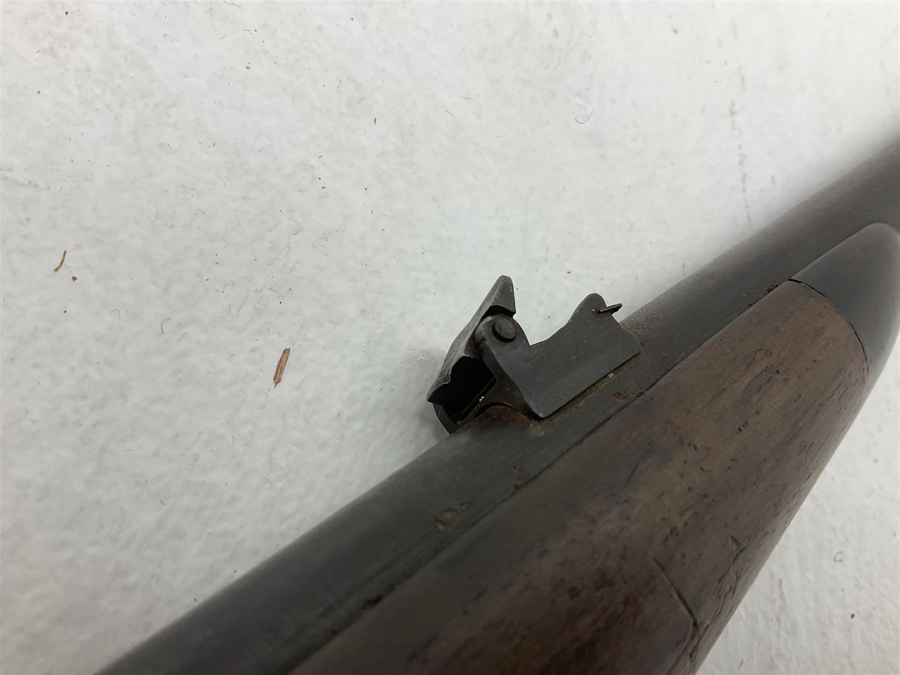 Late 18th century 7.2mm (approx. .28 calibre) Girandoni system single shot reservoir air rifle, the 62cm steel barrel with swivelling two-leaf rear sight, brass breech decorated with a sunburst and lever opening top loading, engraved steel lock-plates marked 'S. Gaskell' to the right side underneath the cocking lever, brass trigger guard,  leather covered steel butt reservoir of tapering conical form with brass ferrule and walnut fore-stock with horn mounts L107cm overall