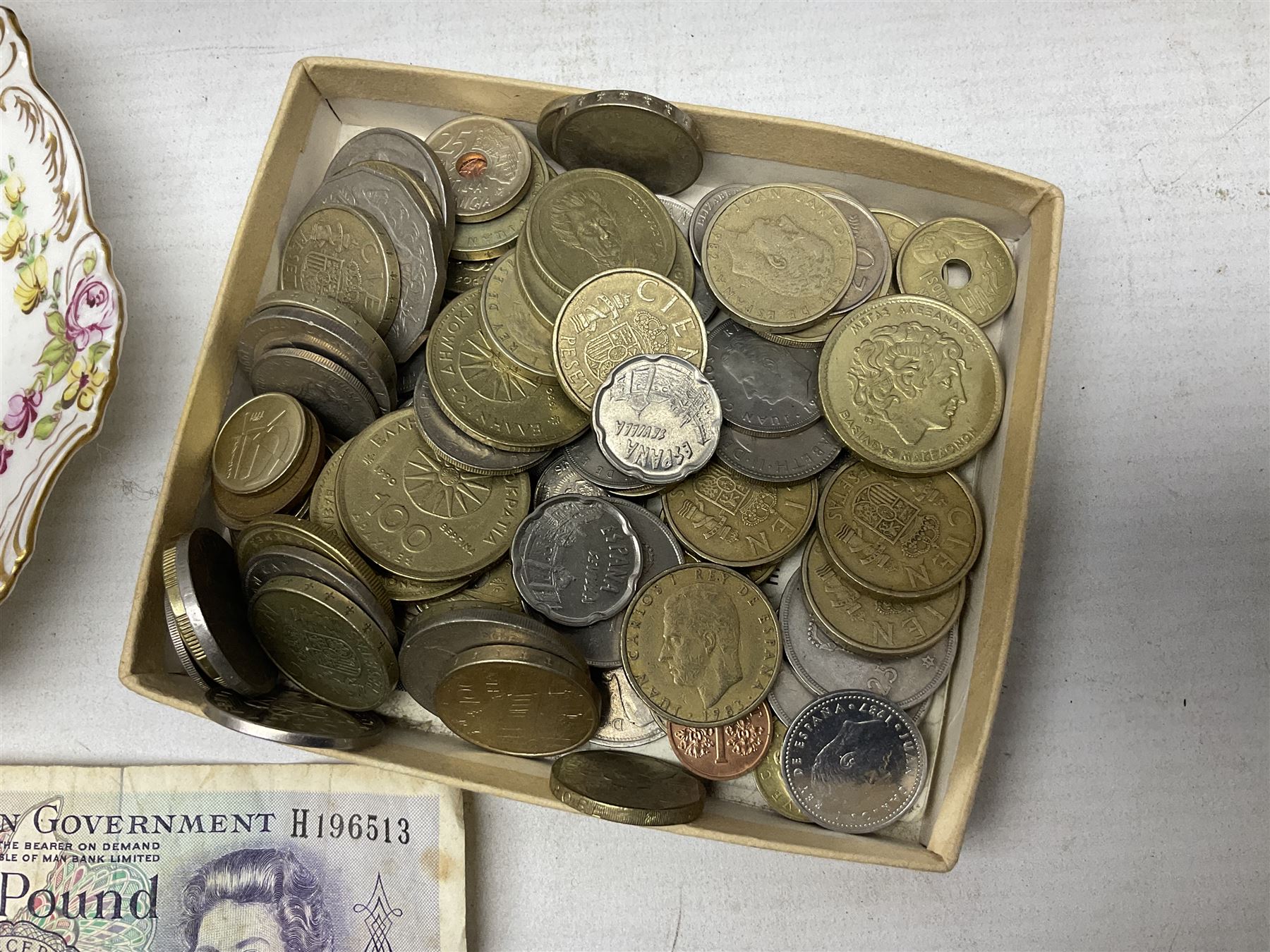 Set of four Dresden dessert plates hand painted with flowers and gilt scrolls, together with silver plate serving dish, a mahogany folding cake stand and a collection of coins