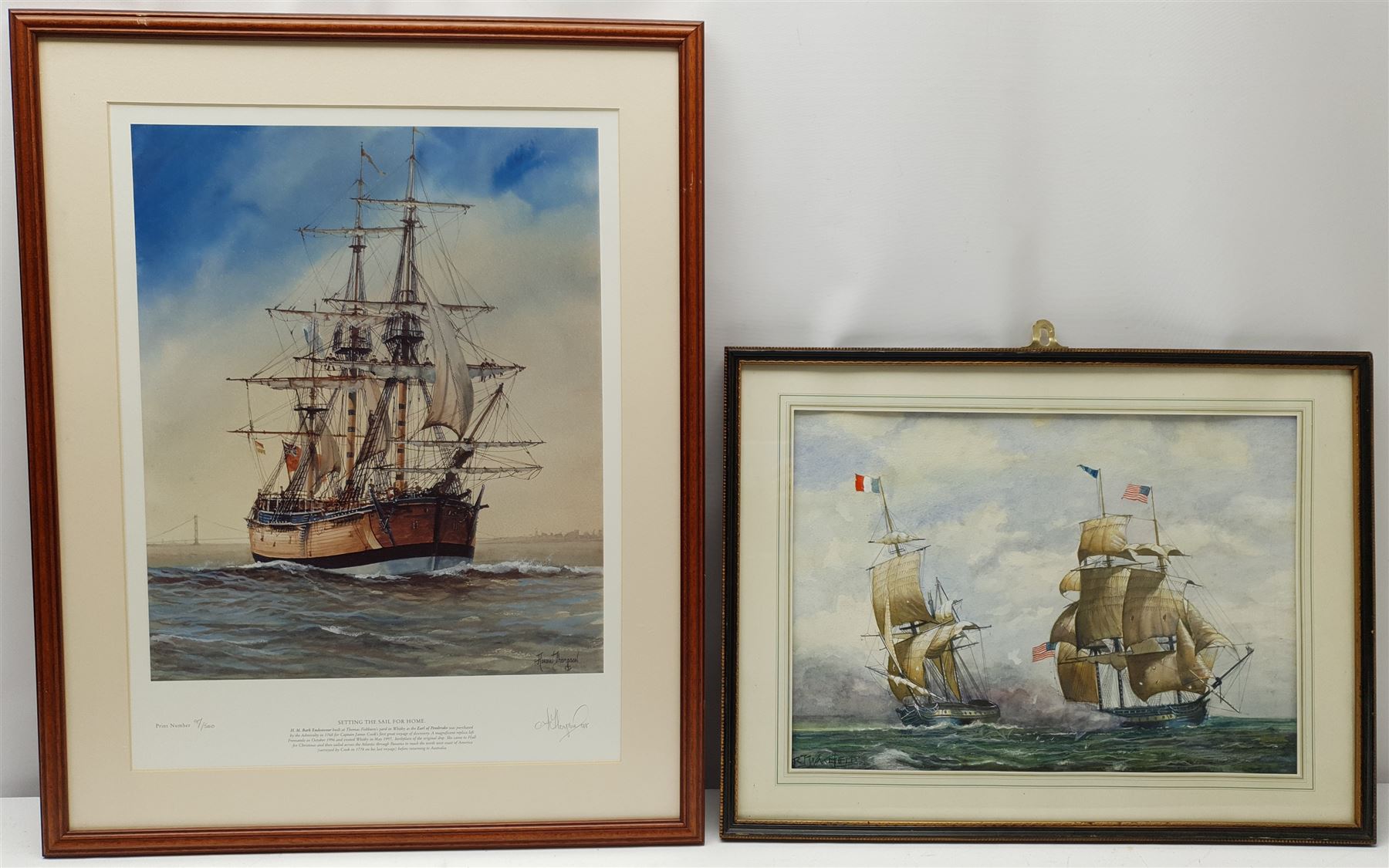 Adrian Thompson (British 1960-): 'Setting the Sail for Home' - HM Bark Endeavour, limited edition colour print signed dated '98 and numbered 97/500 in pencil 49cm x 37cm; RJ Wakefield (British 20th century): USS Constellation vs L'Insurgente, watercolour signed 28cm x 40cm (2)