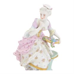Pair of late 19th century French Letu & Mauger bisque figures, modelled as a gallant and his companion, with impressed marks beneath, H35.5cm, together with a 19th century French mantle vase, in the manner of Jacob Petit, the vase of cornucopia form painted with rose sprays and heightened with gilt, mounted with the figure of a trumpet player, upon a naturalistically modelled base mounted with a recumbent goat, H35cm