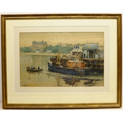  'Toil and Pleasure' - Scarborough Fishing Boat SH15 with the Grand Hotel in the background, watercolour signed and dated '78 by J W Hardy (Late 20th century), titled verso with artist's address label 22 Belle Vue Street Scarborough 34cm x 53cm  