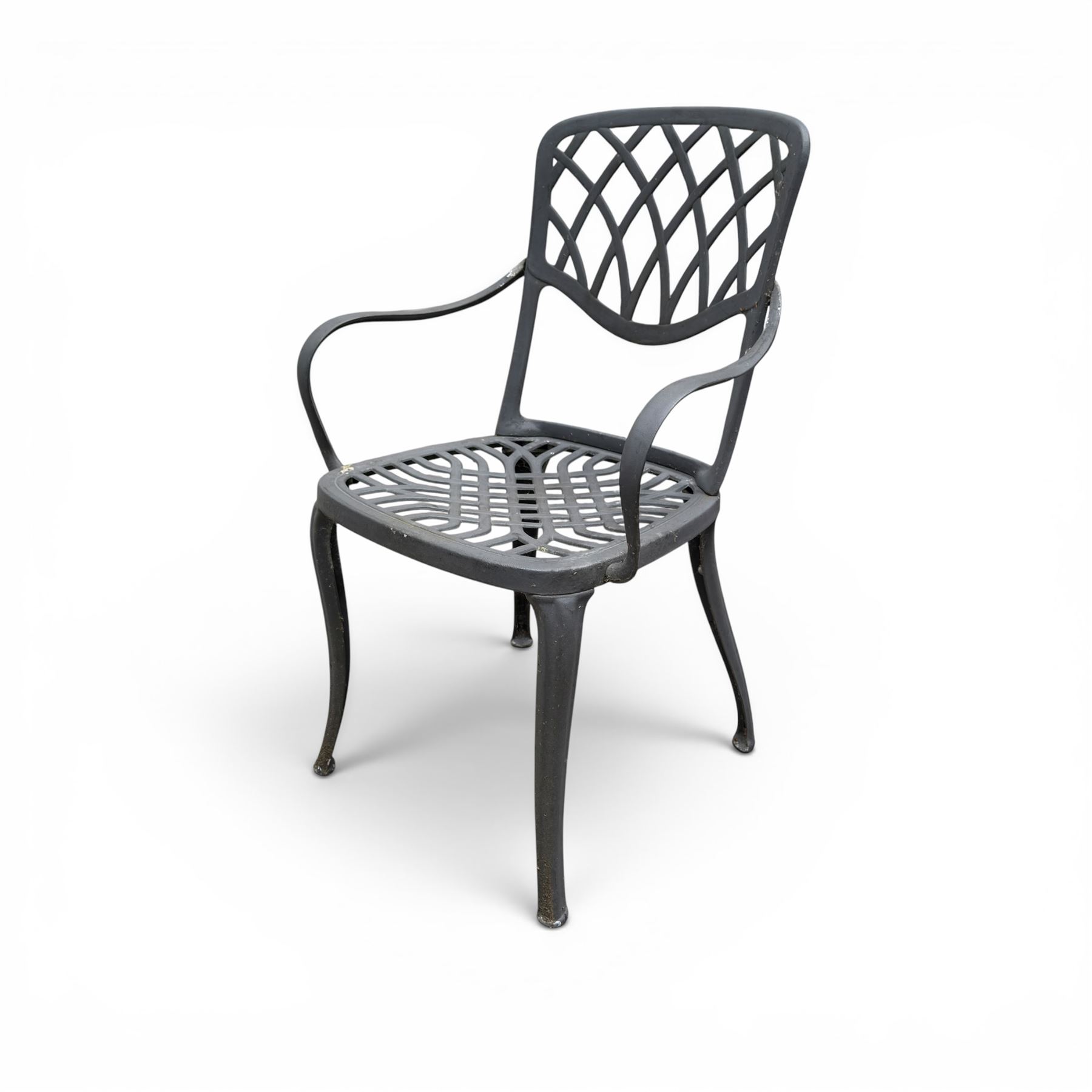 Circular cast aluminium garden table and pair of armchairs chairs with lattice backs in a dark grey finish