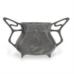 Twin handled Art Nouveau vase, decorated with a female figure by a river and flowers to th...