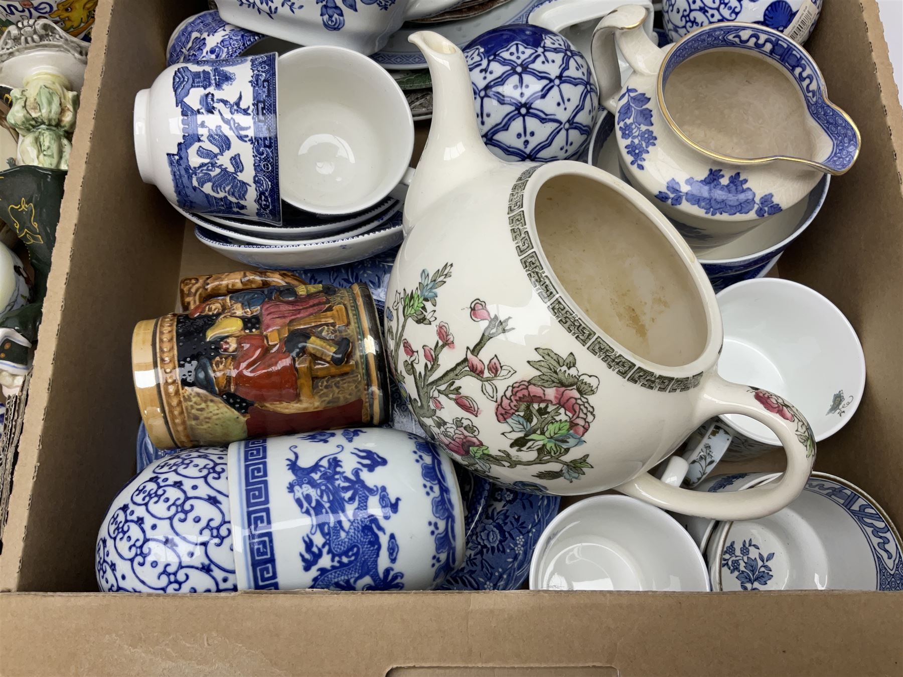 Wedgwood jasperware trinket box, commemorative ware, blue and white ceramics and a collection of other ceramics and collectables in five boxes
